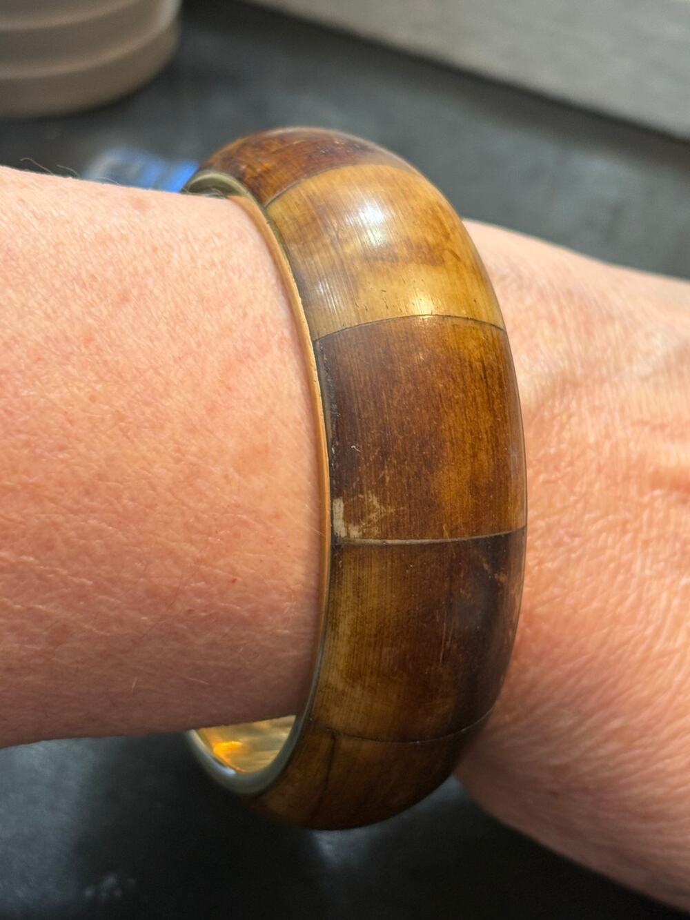 Vintage Carved Bone Bangle Bracelet With Metal Size 8.25”